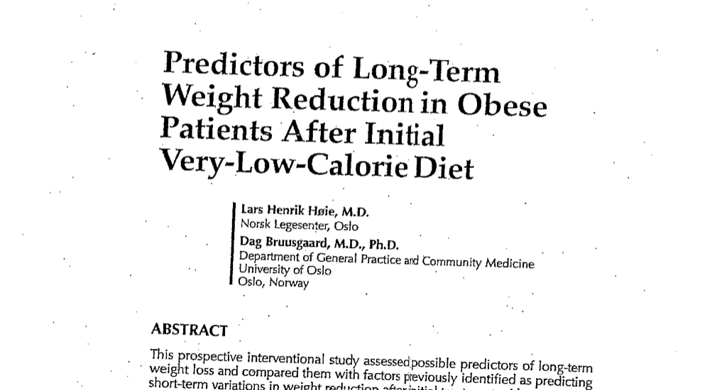 Study first page: Predictors of long-term weight reduction in obese patients after initial very-low-calorie diet