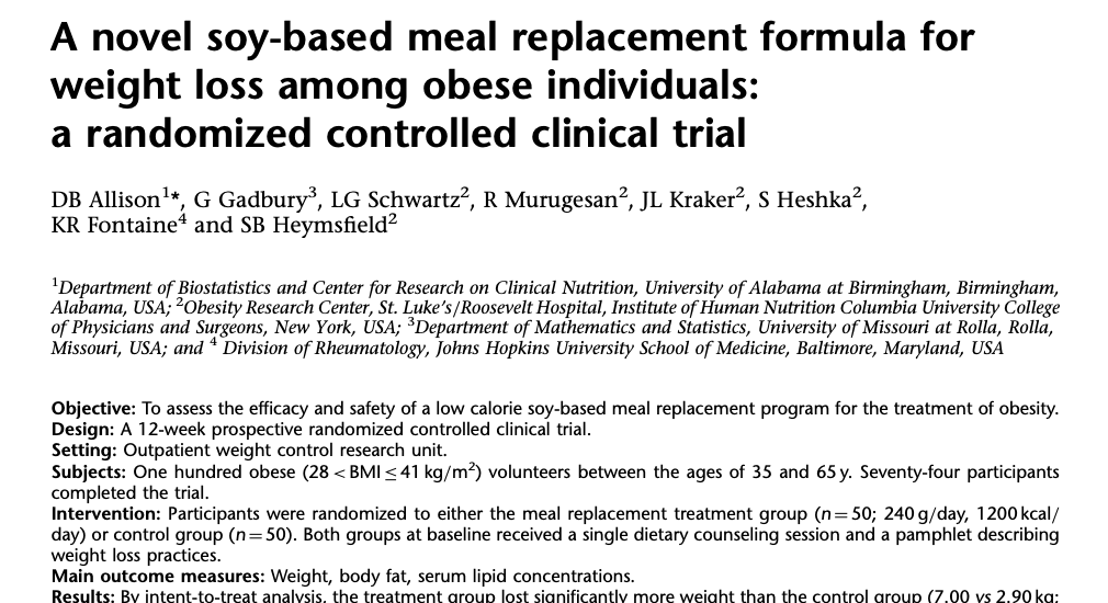 Study first page: A novel soy-based meal replacement formula for weight loss among obese individuals