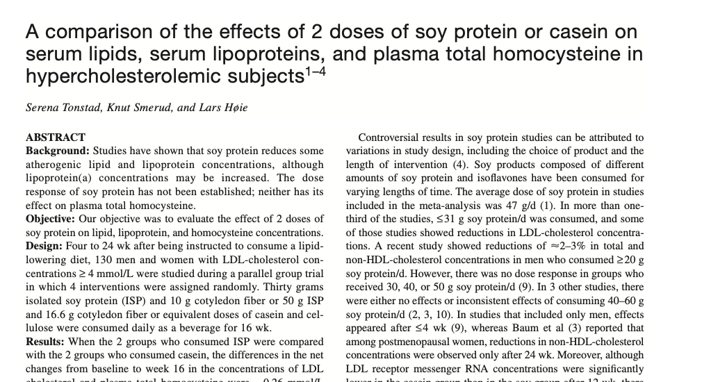 Study first page: A comparison of the effects of 2 doses of soy protein or casein on serum lipids in hypercholesterolemic subjects