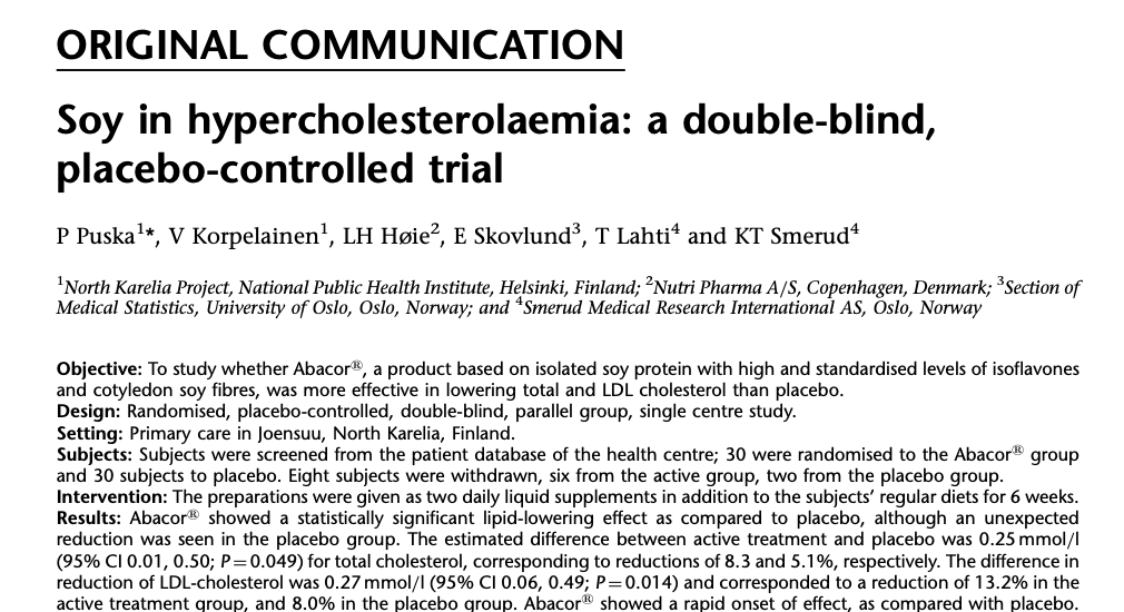 Study first page: Soy in hypercholesterolaemia: a double-blind, placebo-controlled trial