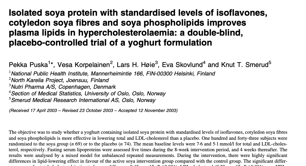 Study first page: Isolated soya protein improves plasma lipids in hypercholesterolaemia, a yoghurt formulation trial