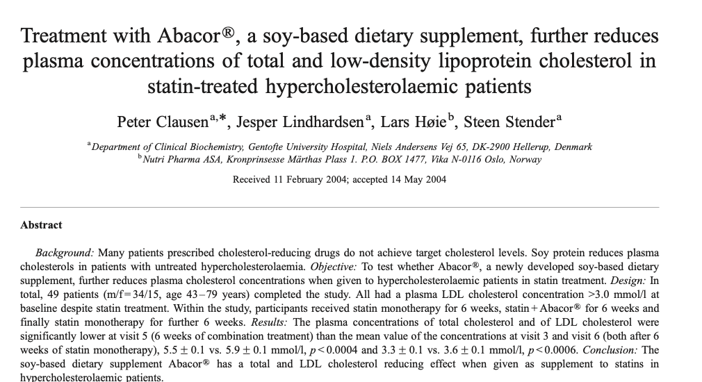 Study first page: Treatment with Abacor further reduces cholesterol in statin-treated hypercholesterolaemic patients
