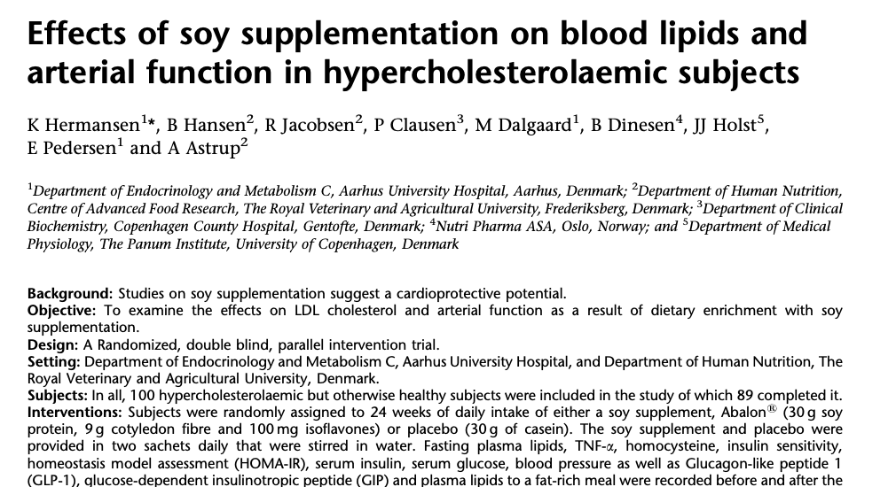 Study first page: Effects of soy supplementation on blood lipids and arterial function in hypercholesterolaemic subjects