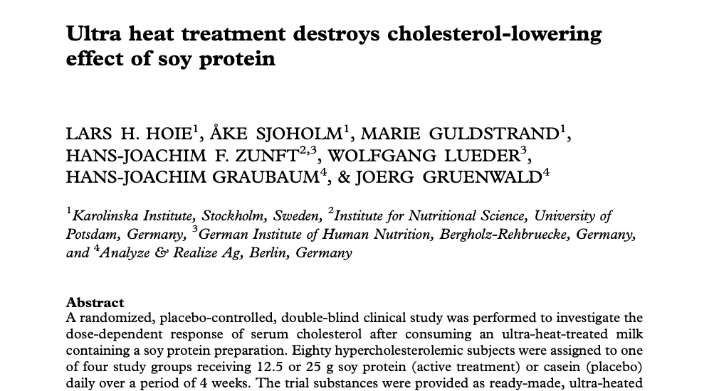 Study first page: Ultra heat treatment destroys cholesterol-lowering effect of soy protein