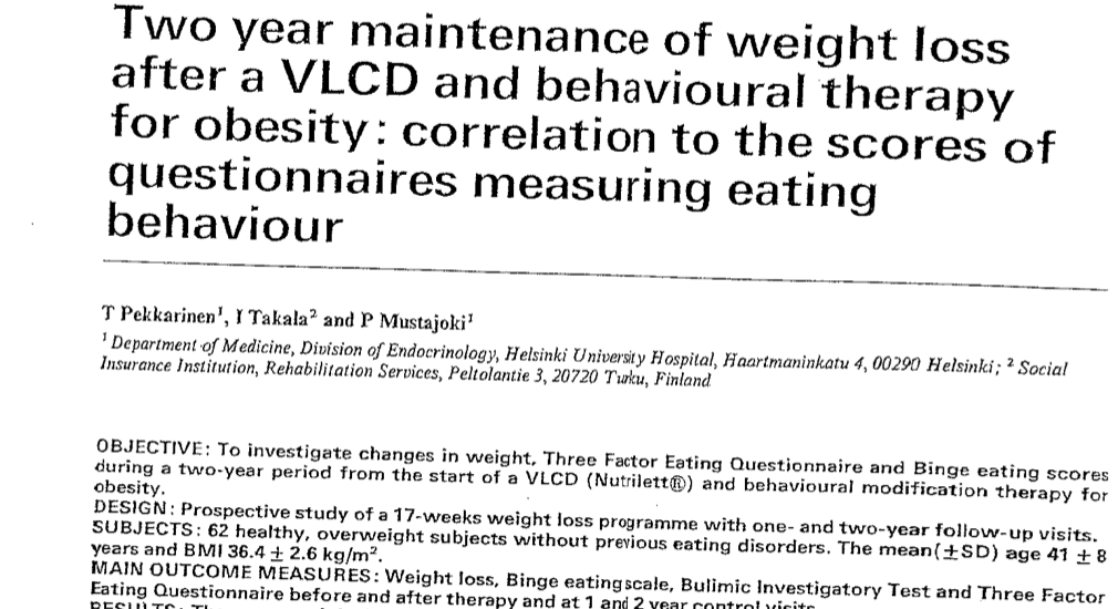 Study first page: Two year maintenance of weight loss after a VLCD and behavioural therapy for obesity
